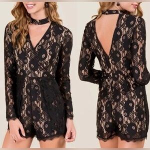 Francesca's Black Lace Long sleeve Shorts Romper Choker V Neck